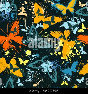 Seamless pattern of butterflies from watercolor blots. Bright watercolor butterflies on a black background. Abstract hand-drawn texture. Stock Vector
