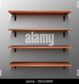 Empty wooden shelves on gray wall. Vector realistic mockup of bookshelves in home or library, wood rack in store, brown timber planks for storage or exhibition in gallery Stock Vector
