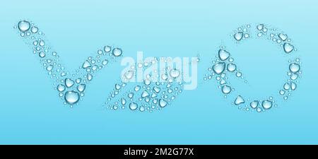 Check mark, leaf and recycle sign done from water drops. Vector realistic condensation dew in shape of eco symbols isolated on blue background. Icons of healthy and eco friendly reuse Stock Vector