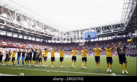 Belgium's players celebrate with supporters at the second game of Belgian national soccer team the Red Devils against Tunisia national team in the Spartak stadium, in Moscow, Russia, Saturday 23 June 2018. Belgium won its first group phase game. BELGA PHOTO BRUNO FAHY Stock Photo