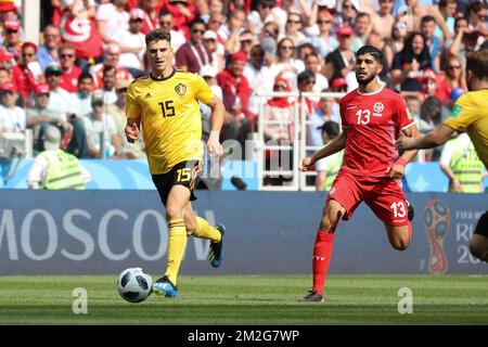 Belgium's Thomas Meunier and Tunesia's Ferjani Sassi fight for the ball during the second game of Belgian national soccer team the Red Devils against Tunisia national team in the Spartak stadium, in Moscow, Russia, Saturday 23 June 2018. Belgium won its first group phase game. BELGA PHOTO BRUNO FAHY Stock Photo
