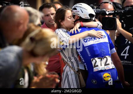 Lampaert's girlfriend Astrid Demeulemeester and Belgian Yves Lampaert of Quick-Step Floors celebrate after winning the men elite Belgian cycling championships in Binche, a 223.6 km race, Sunday 24 June 2018, in Binche. BELGA PHOTO YORICK JANSENS Stock Photo