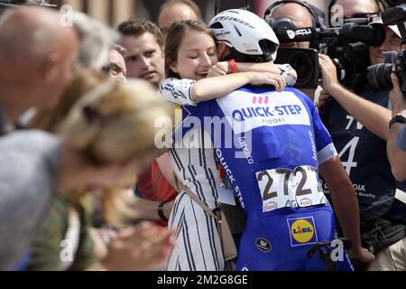 Lampaert's girlfriend Astrid Demeulemeester and Belgian Yves Lampaert of Quick-Step Floors celebrate after winning the men elite Belgian cycling championships in Binche, a 223.6 km race, Sunday 24 June 2018, in Binche. BELGA PHOTO YORICK JANSENS Stock Photo