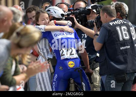 Lampaert's girlfriend Astrid Demeulemeester and Belgian Yves Lampaert of Quick-Step Floors celebrate after winning the men elite Belgian cycling championships in Binche, a 223.6 km race, Sunday 24 June 2018, in Binche. BELGA PHOTO YORICK JANSENS Stock Photo