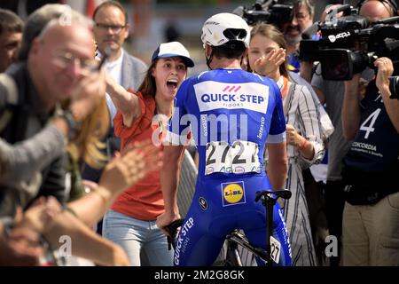 Lampaert's sister Saghine Lampaert, Belgian Yves Lampaert of Quick-Step Floors and Lampaert's girlfriend Astrid Demeulemeester celebrate after winning the men elite Belgian cycling championships in Binche, a 223.6 km race, Sunday 24 June 2018, in Binche. BELGA PHOTO YORICK JANSENS Stock Photo