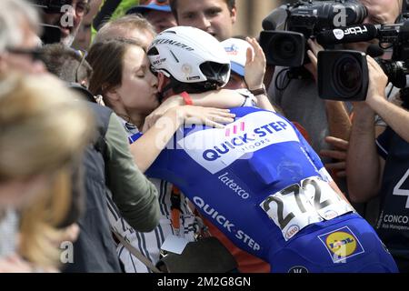 Lampaert's girlfriend Astrid Demeulemeester and Belgian Yves Lampaert of Quick-Step Floors celebrate after winning the men elite Belgian cycling championships in Binche, a 223.6 km race, Sunday 24 June 2018, in Binche. BELGA PHOTO YORICK JANSENS Stock Photo