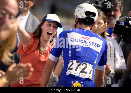 Lampaert's sister Saghine Lampaert, Belgian Yves Lampaert of Quick-Step Floors and Lampaert's girlfriend Astrid Demeulemeester celebrate after winning the men elite Belgian cycling championships in Binche, a 223.6 km race, Sunday 24 June 2018, in Binche. BELGA PHOTO YORICK JANSENS Stock Photo