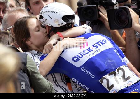 Lampaert's girlfriend Astrid Demeulemeester and Belgian Yves Lampaert of Quick-Step Floors celebrate after winning the men elite Belgian cycling championships in Binche, a 223.6 km race, Sunday 24 June 2018, in Binche. BELGA PHOTO YORICK JANSENS Stock Photo