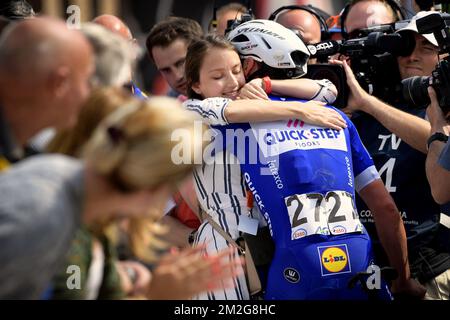 Lampaert's girlfriend Astrid Demeulemeester and Belgian Yves Lampaert of Quick-Step Floors celebrate after winning the men elite Belgian cycling championships in Binche, a 223.6 km race, Sunday 24 June 2018, in Binche. BELGA PHOTO YORICK JANSENS Stock Photo