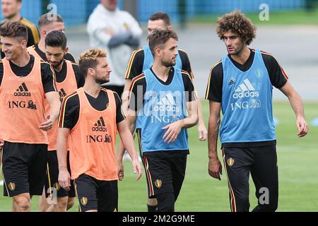 Belgium's Dries Mertens, Belgium's Adnan Januzaj and Belgium's Marouane Fellaini pictured during a training session of Belgian national soccer team the Red Devils in Dedovsk, near Moscow, Russia, Tuesday 26 June 2018. The team is preparing for their third game at the FIFA World Cup 2018. BELGA PHOTO BRUNO FAHY Stock Photo
