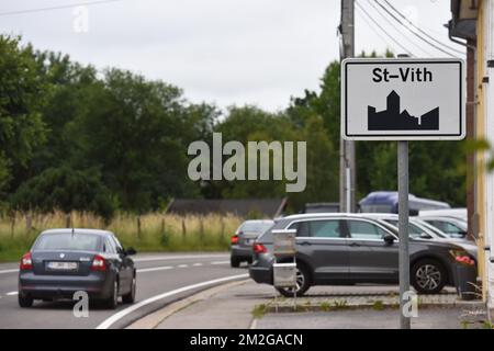 Illustration shows the name of the Saint-Vith municipality on a road sign, Monday 25 June 2018. BELGA PHOTO JEAN-LUC FLEMAL  Stock Photo