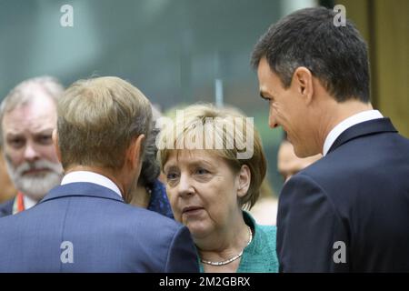 European Council President Donald Tusk and Chancellor of Germany Angela Merkel pictured during an EU summit meeting, Thursday 28 June 2018, at the European Union headquarters in Brussels. BELGA PHOTO THIERRY ROGE Stock Photo