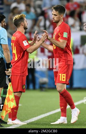 driens, Belgium's Dries Mertens and Belgium's Adnan Januzaj pictured during a soccer game between Belgian national soccer team the Red Devils and England, Thursday 28 June 2018 in Kaliningrad, Russia, the third and last in Group G of the FIFA World Cup 2018. BELGA PHOTO DIRK WAEM Stock Photo
