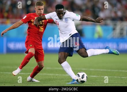 Belgium's Thorgan Hazard and England's Danny Welbeck fight for the ball during a soccer game between Belgian national soccer team the Red Devils and England, Thursday 28 June 2018 in Kaliningrad, Russia, the third and last in Group G of the FIFA World Cup 2018. BELGA PHOTO BRUNO FAHY Stock Photo