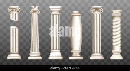 Ancient roman columns, marble baroque architecture. Vector realistic old broken antique greek pillars with capitals in doric, corinthian, ionic and tuscan style isolated on transparent background Stock Vector