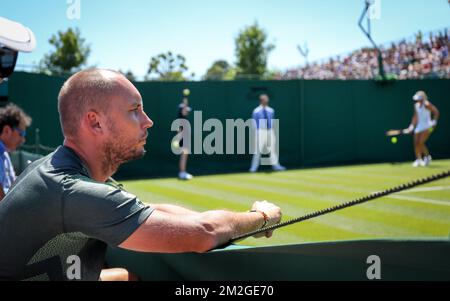 Belgian Steve Darcis pictured during a first round game of the ladies singles between Belgian Yanina Wickmayer (WTA 102) and German Mona Barthel (WTA 114) at the first day of the 2018 Wimbledon grand slam tennis tournament at the All England Tennis Club, in south-west London, Britain, Monday 02 July 2018. BELGA PHOTO VIRGINIE LEFOUR Stock Photo