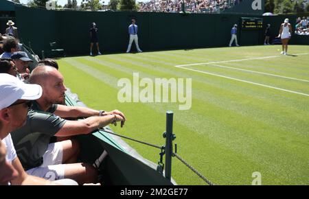 Belgian Steve Darcis pictured during a first round game of the ladies singles between Belgian Yanina Wickmayer (WTA 102) and German Mona Barthel (WTA 114) at the first day of the 2018 Wimbledon grand slam tennis tournament at the All England Tennis Club, in south-west London, Britain, Monday 02 July 2018. BELGA PHOTO VIRGINIE LEFOUR Stock Photo