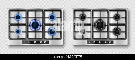 Gas stove with blue flame and black steel grate. Kitchen stainless cooktop with lit and off burners. Vector realistic set of burning propane butane on hob top view isolated on transparent background Stock Vector