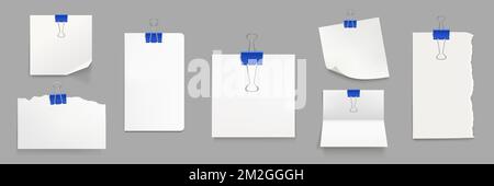 White paper sheets with blue binder clips isolated on gray background. Vector realistic set of blank notes, pages and paper pieces with curled up corner, fold and torn edges Stock Vector