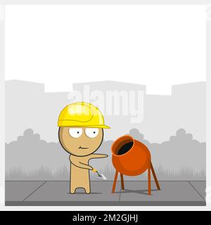 Construction worker standing next to a concrete mixer Stock Vector