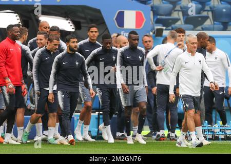 France's players pictured during a training session of the French national soccer team 'Les Bleus', in Saint-Petersburg, Russia, Monday 09 July 2018. The Belgian national soccer team the Red Devils qualified for the semi-finals of the FIFA World Cup 2018, on Tuesday they will meet France. BELGA PHOTO BRUNO FAHY Stock Photo