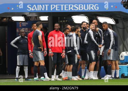 France's players pictured during a training session of the French national soccer team 'Les Bleus', in Saint-Petersburg, Russia, Monday 09 July 2018. The Belgian national soccer team the Red Devils qualified for the semi-finals of the FIFA World Cup 2018, on Tuesday they will meet France. BELGA PHOTO BRUNO FAHY Stock Photo