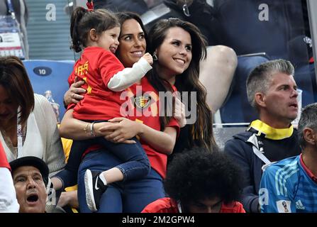 Belgium's goalkeeper Thibaut Courtois' daughter and her mother Marta pictured at the semi final match between the French national soccer team 'Les Bleus' and Belgian national soccer team the Red Devils, in Saint-Petersburg, Russia, Tuesday 10 July 2018. BELGA PHOTO DIRK WAEM Stock Photo