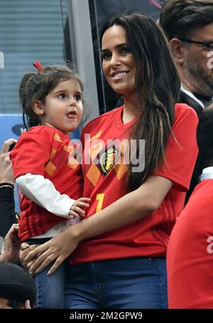 Belgium's goalkeeper Thibaut Courtois' daughter and her mother Marta pictured at the semi final match between the French national soccer team 'Les Bleus' and Belgian national soccer team the Red Devils, in Saint-Petersburg, Russia, Tuesday 10 July 2018. BELGA PHOTO DIRK WAEM Stock Photo