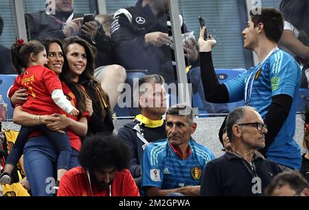 Belgium's goalkeeper Thibaut Courtois, daughter and her mother Marta pictured at the semi final match between the French national soccer team 'Les Bleus' and Belgian national soccer team the Red Devils, in Saint-Petersburg, Russia, Tuesday 10 July 2018. BELGA PHOTO DIRK WAEM Stock Photo