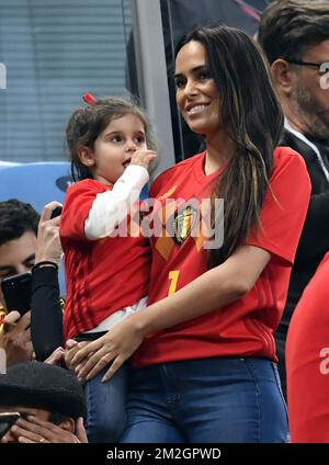 Belgium's goalkeeper Thibaut Courtois' daughter and her mother Marta pictured at the semi final match between the French national soccer team 'Les Bleus' and Belgian national soccer team the Red Devils, in Saint-Petersburg, Russia, Tuesday 10 July 2018. BELGA PHOTO DIRK WAEM Stock Photo