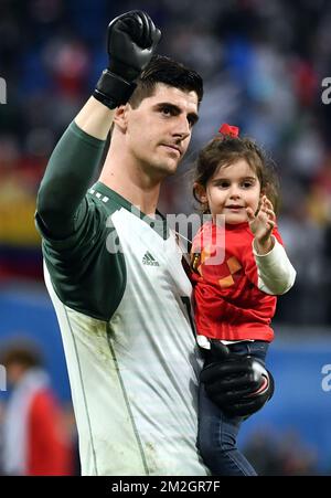 Belgium's goalkeeper Thibaut Courtois and his daughter pictured after the semi final match between the French national soccer team 'Les Bleus' and Belgian national soccer team the Red Devils, in Saint-Petersburg, Russia, Tuesday 10 July 2018. BELGA PHOTO DIRK WAEM Stock Photo