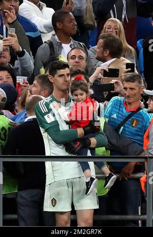 Belgium's goalkeeper Thibaut Courtois and his daughter pictured after the semi final match between the French national soccer team 'Les Bleus' and Belgian national soccer team the Red Devils, in Saint-Petersburg, Russia, Tuesday 10 July 2018. BELGA PHOTO BRUNO FAHY Stock Photo