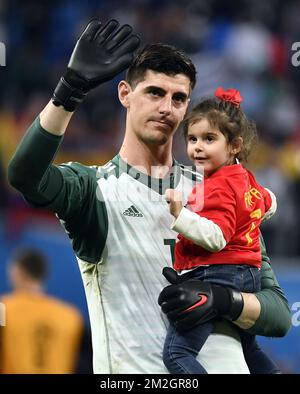 Belgium's goalkeeper Thibaut Courtois and his daughter pictured after the semi final match between the French national soccer team 'Les Bleus' and Belgian national soccer team the Red Devils, in Saint-Petersburg, Russia, Tuesday 10 July 2018. BELGA PHOTO DIRK WAEM Stock Photo