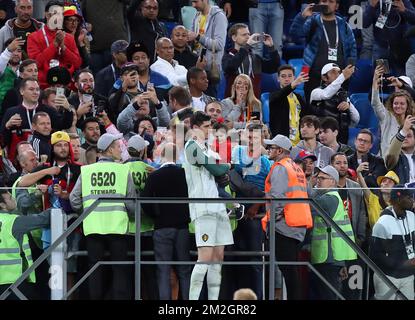 Belgium's goalkeeper Thibaut Courtois and his daughter pictured after the semi final match between the French national soccer team 'Les Bleus' and Belgian national soccer team the Red Devils, in Saint-Petersburg, Russia, Tuesday 10 July 2018. BELGA PHOTO BRUNO FAHY Stock Photo