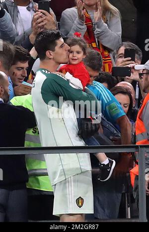 Belgium's goalkeeper Thibaut Courtois and his daughter pictured after the semi final match between the French national soccer team 'Les Bleus' and Belgian national soccer team the Red Devils, in Saint-Petersburg, Russia, Tuesday 10 July 2018. BELGA PHOTO BRUNO FAHY Stock Photo