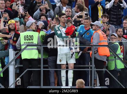 Belgium's goalkeeper Thibaut Courtois and his daughter pictured after the semi final match between the French national soccer team 'Les Bleus' and Belgian national soccer team the Red Devils, in Saint-Petersburg, Russia, Tuesday 10 July 2018. BELGA PHOTO BRUNO FAHY Stock Photo