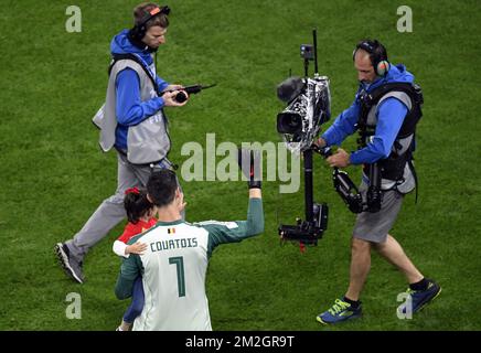 Belgium's goalkeeper Thibaut Courtois and his daughter at the semi final match between the French national soccer team 'Les Bleus' and Belgian national soccer team the Red Devils, in Saint-Petersburg, Russia, Tuesday 10 July 2018. BELGA PHOTO LAURIE DIEFFEMBACQ Stock Photo