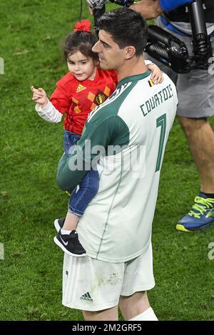 Belgium's goalkeeper Thibaut Courtois and his daughter pictured after the semi final match between the French national soccer team 'Les Bleus' and Belgian national soccer team the Red Devils, in Saint-Petersburg, Russia, Tuesday 10 July 2018. BELGA PHOTO LAURIE DIEFFEMBACQ Stock Photo