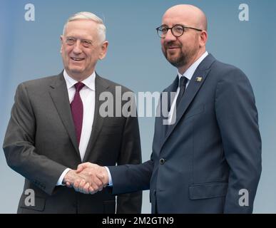 US Defense Secretary Jim Mattis and Belgian Prime Minister Charles Michel pictured during the arrival for a dinner at the Parc du Cinquantenaire - Jubelpark park in Brussels, for the participants of a NATO (North Atlantic Treaty Organization) summit, Wednesday 11 July 2018. BELGA PHOTO BENOIT DOPPAGNE Stock Photo