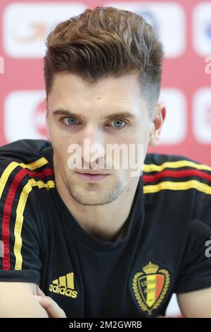 Belgium's Thomas Meunier pictured at a press conference of Belgian national soccer team the Red Devils in Dedovsk, near Moscow, Russia, Thursday 12 July 2018. On Saturday the Devils will meet England in the Third place play-off of the FIFA World Cup 2018. BELGA PHOTO LAURIE DIEFFEMBACQ Stock Photo