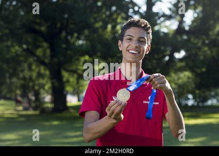 Belgian Jonathan Sacoor poses for the photographer with golden medal during day sixth of the IAAF World U20 Athletics Championships in Tampere, Finland, Sunday 15 July 2018. The U20 Worlds take place from 10 to 15 July 2018. BELGA PHOTO JASPER JACOBS Stock Photo