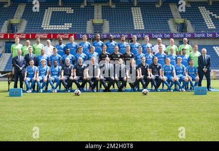 (top L-R) Genk's physiotherapist Matthias Didden; Genk's soigneur Jacques Raymaekers; Genk's physiotherapist Jan Theunis; Genk's warehouseman Alain Vanderlinden; 10 Genk's Aly Mbwana Samatta; 06 Genk's Sebastien Dewaest; 25 Genk's Sander Berge; 93 Genk's Zinho Gano; 17 Genk's Ibrahima Seck; 04 Genk's Dries Wouters; 23 Genk's Rubin Seigers; 02 Genk's Jakub Brabec; Genk's warehouseman Escolastico Moreno; Genk's Physiotherapist Erwin Kelchtermans; Genk's osteopath Jan Berx; (middle row L-R) Genk's doctor Johan Jespers; Genk's doctor Philip Thys; 07 Genk's Nikolaos Karelis; 18 Genk's Ruslan Malino Stock Photo