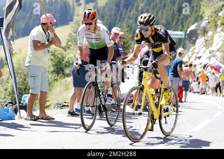 Belgian Serge Pauwels of Dimension Data and Estonian Rein Taaramae of Direct energie pictured in action during the eleventh stage in the 105th edition of the Tour de France cycling race, 108.5 km from ALbertville to La Rosiere Espace San Bernardo, France, Wednesday 18 July 2018. This year's Tour de France takes place from July 7th to July 29th. BELGA PHOTO YUZURU SUNADA - FRANCE OUT Stock Photo