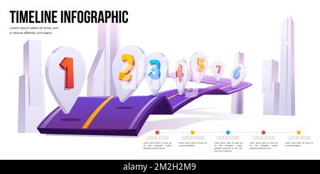 Timeline infographic banner. 7 steps business road map template. Vector cartoon illustration of road way and pointers with numbers. Presentation of company milestones, strategy path Stock Vector