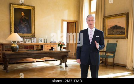 ATTENTION EDITORS - STRICT EMBARGO - FRIDAY 20 JULY AT 13:00 King Filip-Philippe of Belgium pictured during the recording of his annual television and radio speech on the occasion of the Belgian National day, celebrated on 21 July, at the Royal Palace in Brussels, Tuesday 17 July 2018. The picture was distributed on Friday 20 July 2018. BELGA PHOTO POOL BENOIT DOPPAGNE  Stock Photo