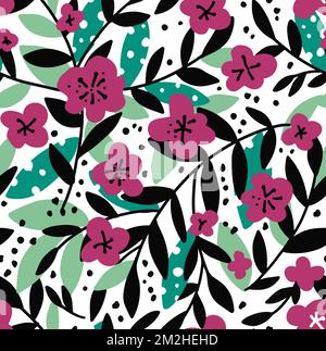 Blooming flowers and foliage on twigs pattern Stock Vector