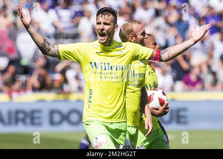 Oostende's Zarko Tomasevic reacts during the Jupiler Pro League match between RSC Anderlecht and KV Oostende, in Anderlecht, Sunday 05 August 2018, on the second day of the Jupiler Pro League, the Belgian soccer championship season 2018-2019. BELGA PHOTO LAURIE DIEFFEMBACQ Stock Photo