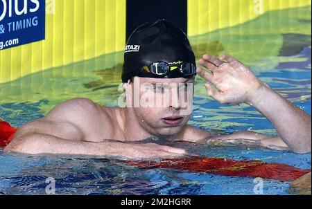 Belgian swimmer Louis Croenen reacts after finishing fourth place at the finals of the Men 200m butterfly swimming event at the European Championships, in Glasgow, Scotland, Sunday 05 August 2018. European championships of several sports are held in Glasgow from 03 to 12 August. BELGA PHOTO ERIC LALMAND Stock Photo