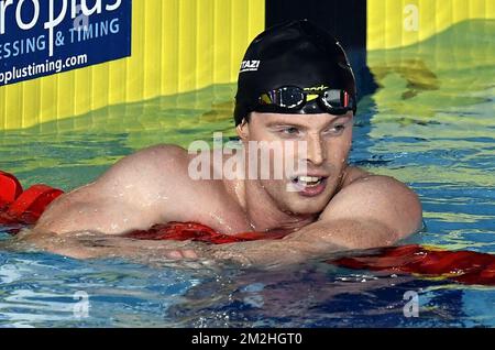 Belgian swimmer Louis Croenen reacts after finishing fourth place at the finals of the Men 200m butterfly swimming event at the European Championships, in Glasgow, Scotland, Sunday 05 August 2018. European championships of several sports are held in Glasgow from 03 to 12 August. BELGA PHOTO ERIC LALMAND Stock Photo