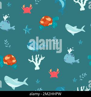 Vector hand-drawn colored childish seamless repeating simple flat pattern with whales in scandinavian style on a white background. Cute baby animals Stock Vector
